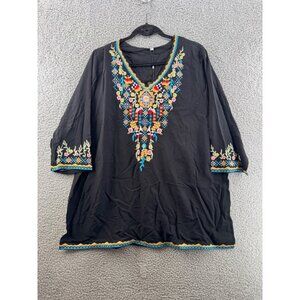 Higustar Tunic Multicolor Floral Embroidery & 3/4 Sleeves Black Size 2XL NEW